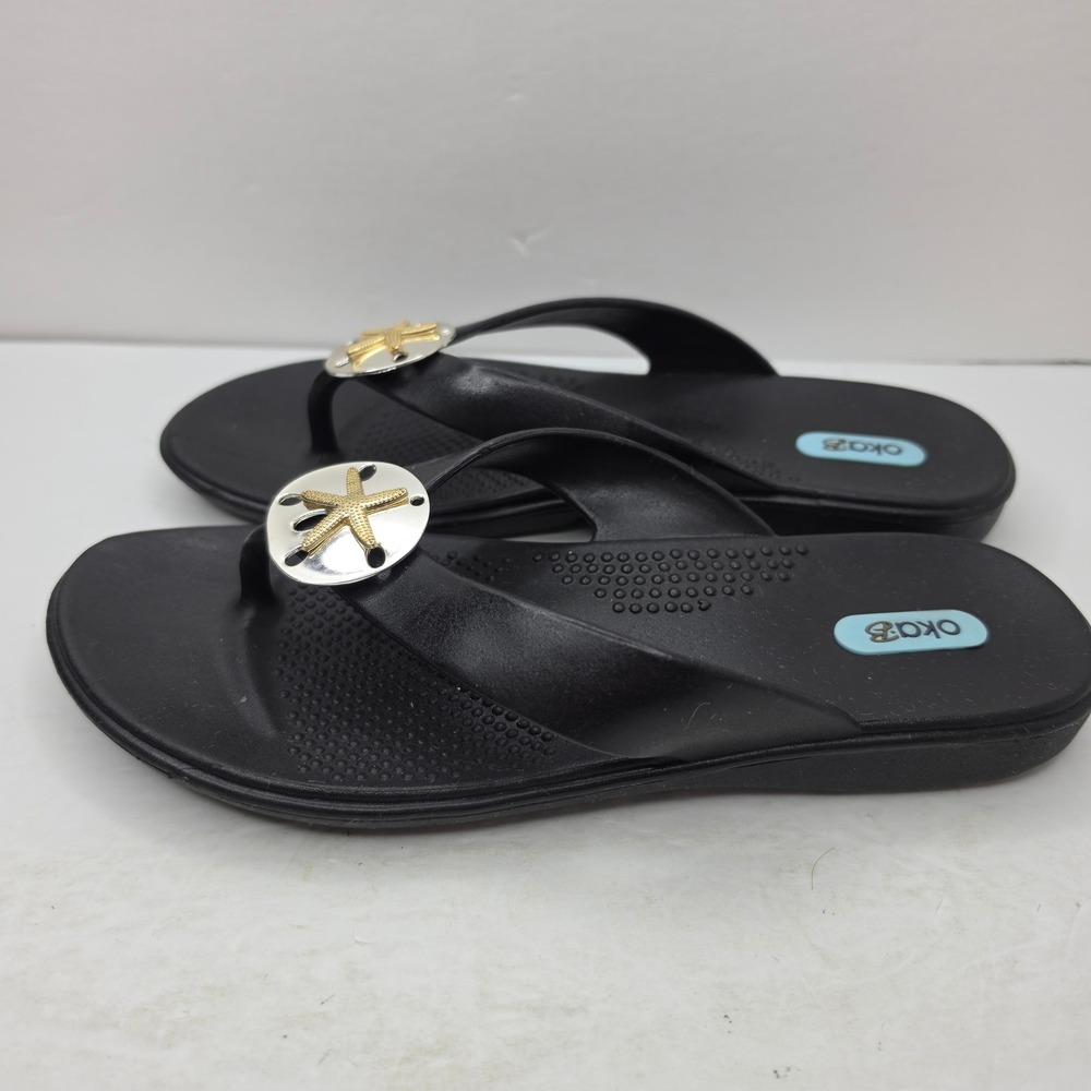 Oka-B Flip Flops Women Size ML Black Starfish Medallion Thong Sandals USA Made